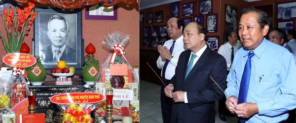 Thủ tướng Nguyễn Xuân Phúc đến thăm Nhà tưởng niệm và dâng hương Luật sư Nguyễn Hữu Thọ, nguyên Quyền Chủ tịch nước. (Ảnh: Thống Nhất/TTXVN)