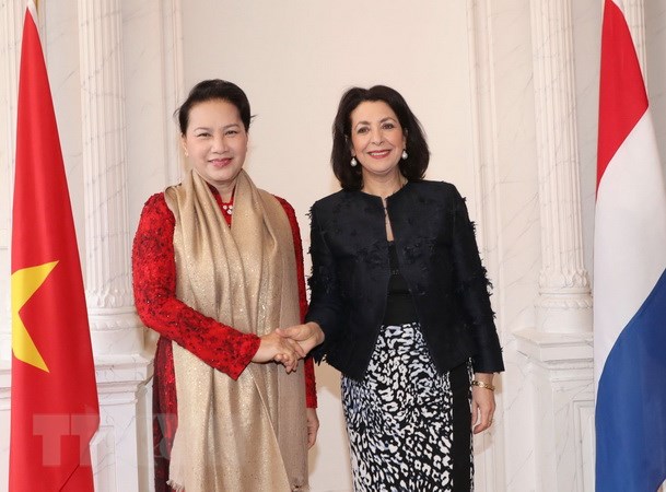 Chủ tịch Hạ viện Hà Lan Khadija Arib đón Chủ tịch Quốc hội Nguyễn Thị Kim Ngân. (Ảnh: Trọng Đức/TTXVN)