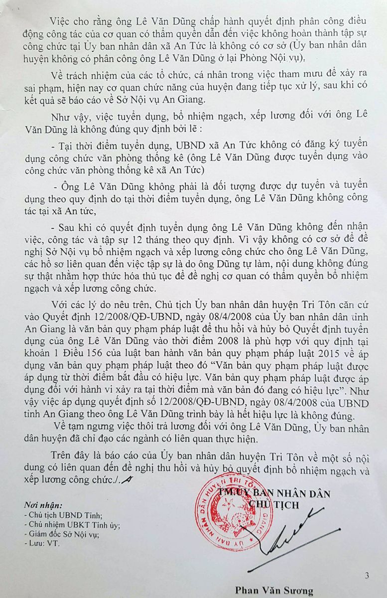Một phần báo cáo của UBND huyện Tri Tôn đối với xử lý vi phạm của ông Lê Văn Dũng