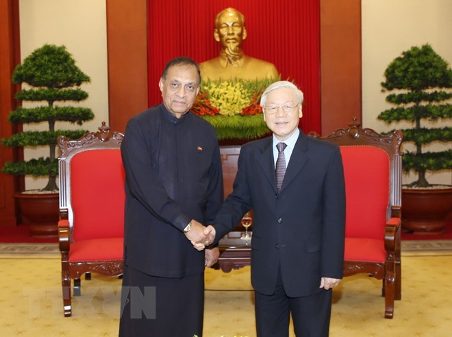 Tổng Bí thư Nguyễn Phú Trọng tiếp Chủ tịch Quốc hội Sri Lanka Karu Jayasuriya thăm chính thức Việt Nam. (Ảnh: Trí Dũng/TTXVN)
