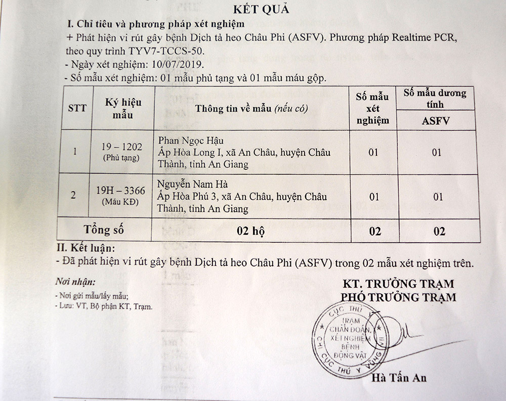 Kết quả xét nghiệm những con heo chết dương tính với virut gây bệnh tả heo Châu Phi