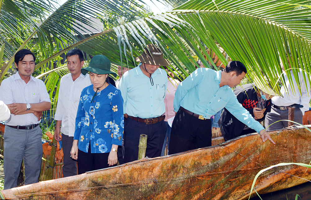 Bí thư Huyện ủy Châu Thành Đinh Thị Việt Huỳnh khảo sát mô hình nuôi lươn không bùn tại xã Cần Đăng
