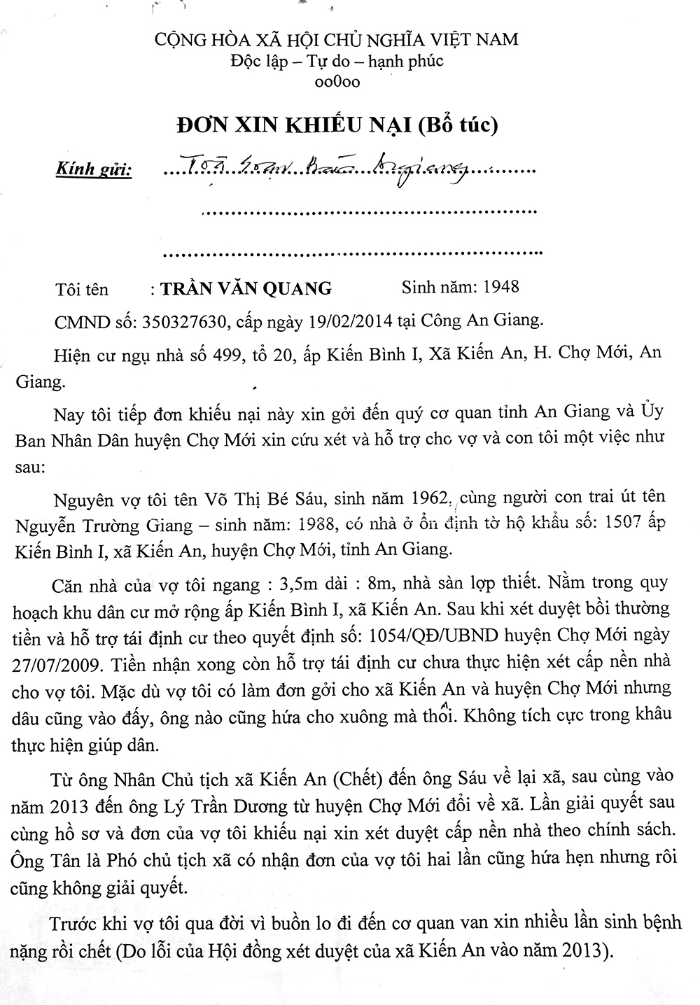 Sẽ đối thoại, giải quyết vụ việc của ông Trần Văn Quang