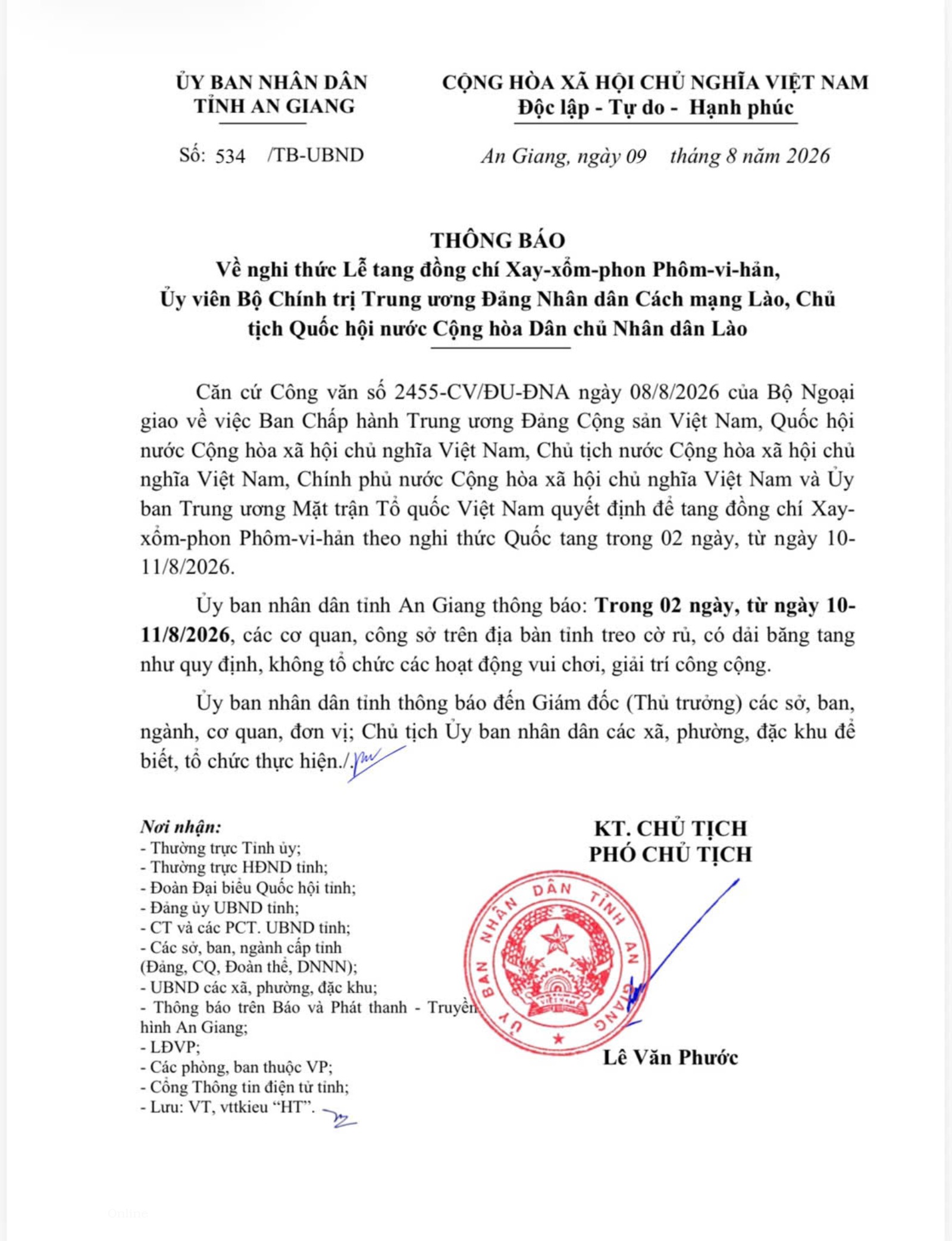 An Giang thực hiện nghi thức Quốc tang đồng chí Xay-xổm-phon Phôm-vi-hản