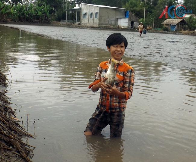 Con trai ông Thanh khoe “chiến lợi phẩm” con cá chép mới bắt được