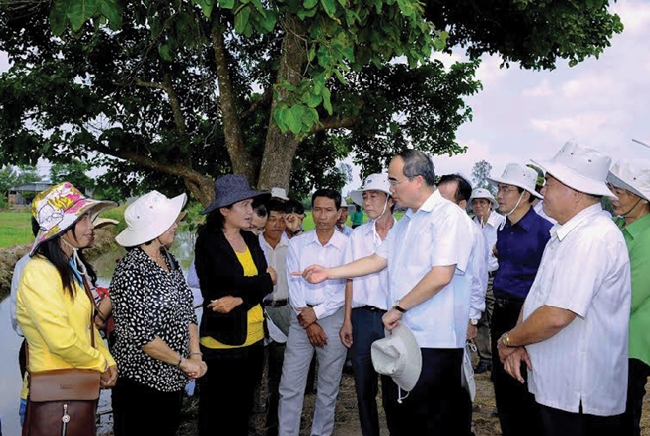 Chủ tịch UBTWMTTQVN Nguyễn Thiện Nhân trao đổi, thăm hỏi về tình hình hợp tác sản xuất lúa Nhật ở phường Mỹ Hòa (TP. Long Xuyên)