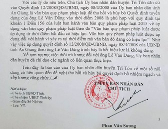 Làm rõ vi phạm của Phó Trưởng phòng Nội vụ huyện Tri Tôn