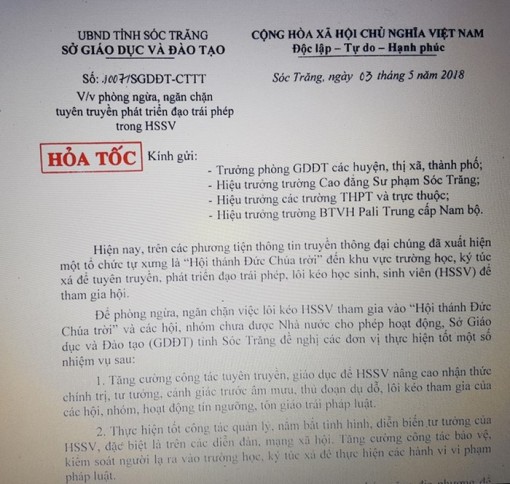 Sóc Trăng phòng ngừa tà đạo 'Hội thánh Đức Chúa trời'