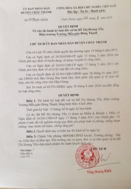 Cách chức Hiệu trưởng cắt xén tiền ăn sáng của trẻ mầm non ở Hậu Giang