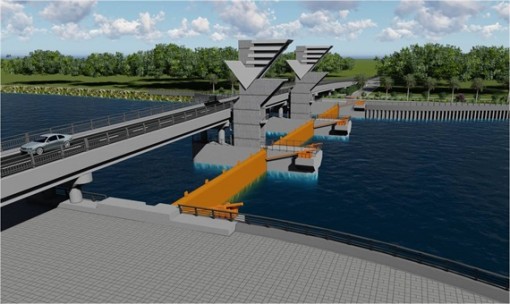 Thi công cống Vũng Liêm, cách sông Cổ Chiên 700m