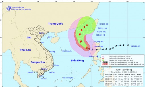 Bão số 7 giật cấp 13, di chuyển theo hướng Tây Bắc