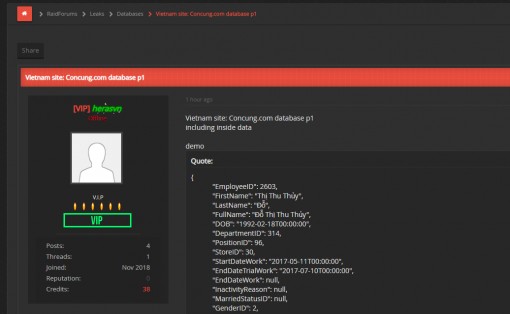 Chi tiết dữ liệu của Concung bị hacker phát tán trên Raidforums