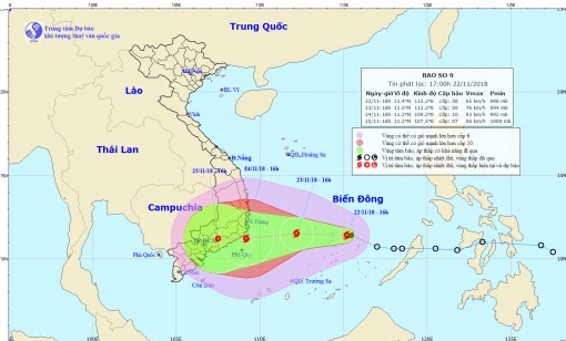 Bão số 9 gây gió giật cấp 9 ở vùng biển Quảng Trị - Bình Thuận từ sáng 23-11