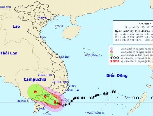Chiều 25-11, bão số 9 đổ bộ đất liền từ Nam Bình Thuận đến Bến Tre
