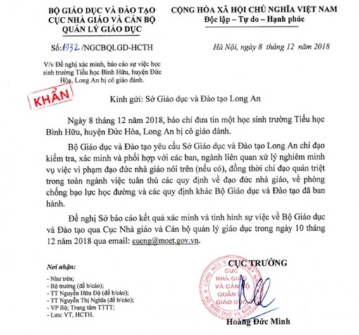 Học sinh lớp 1 ở Long An nghi bị cô giáo đánh tím mông