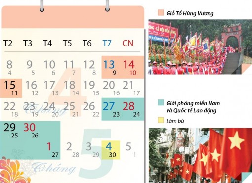 Toàn bộ lịch nghỉ lễ Giỗ Tổ Hùng Vương, 30-4, mùng 1-5 của người lao động