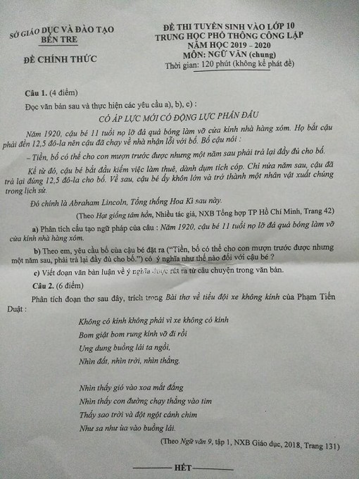 Đề thi lớp 10 môn Văn của Bến Tre có sai sót