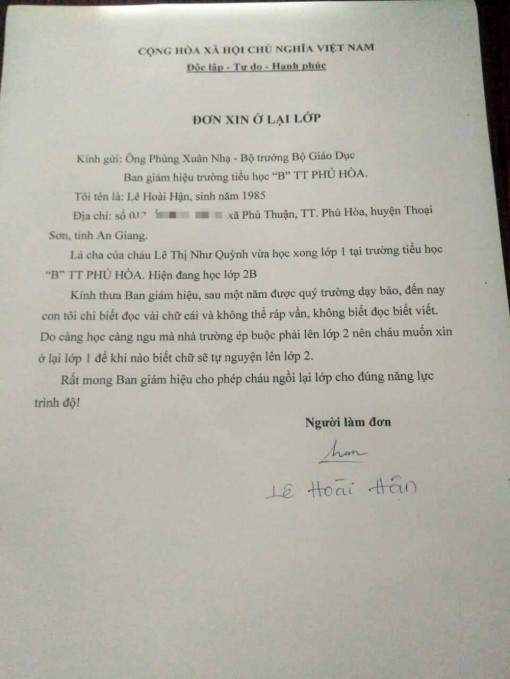 Thông tin “học sinh lớp 2 xin ở lại lớp 1” không đúng sự thật