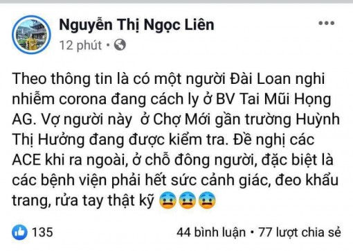 Thông tin một người Đài Loan nghi bị nhiễm vi rút corona đang bị cách ly tại Bệnh viện Đa khoa Trung tâm An Giang là sai sự thật