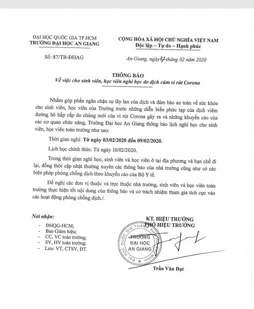 Trường Đại học An Giang cho sinh viên, học viên nghỉ học phòng tránh dịch viêm đường hô hấp cấp do chủng mới của virus Corona