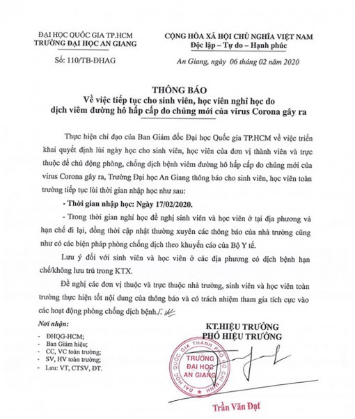 Trường Đại học An Giang cho sinh viên, học viên nghỉ học đến ngày 16-2 để phòng tránh dịch viêm đường hô hấp cấp do chủng mới của virus Corona gây ra