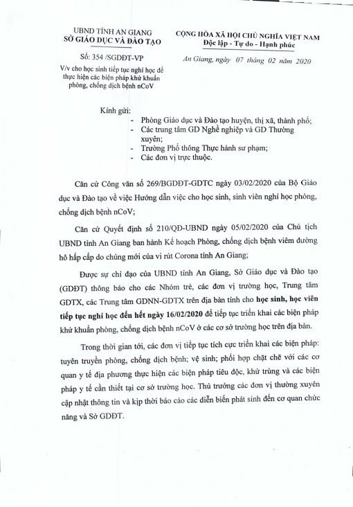 Học sinh, học viên An Giang được nghỉ học đến ngày 16-2, để phòng tránh dịch viêm đường hô hấp cấp do chủng mới của virus Corona gây ra