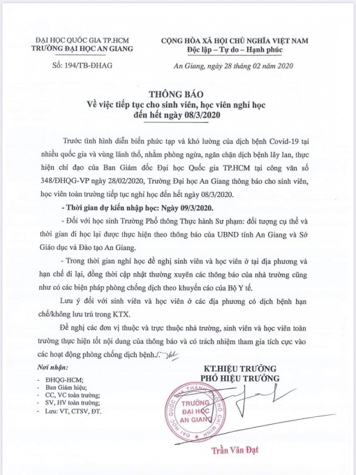 Sinh viên Trường Đại học An Giang tiếp tục được nghỉ học đến hết ngày 8-3