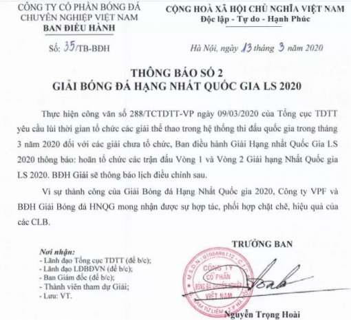 Tạm hoãn Giải hạng Nhất quốc gia 2020 vì lo ngại Covid-19