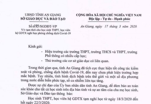 An Giang cho học sinh THPT, học viên hệ Giáo dục thường xuyên, Giáo dục nghề nghiệp tiếp tục nghỉ học, từ ngày 18-3 đến hết 22-3