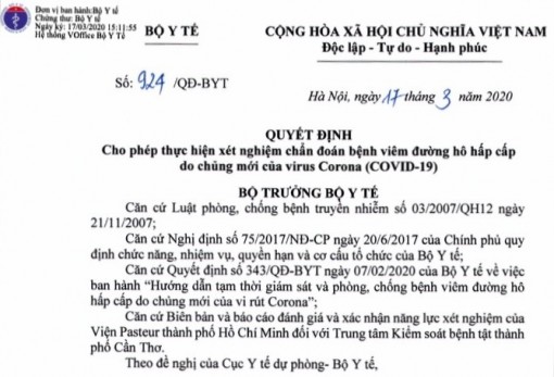 Bộ Y tế quyết định cho Cần Thơ thực hiện xét nghiệm chẩn đoán COVID -19