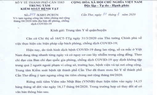 Cần Thơ: Tạm ngưng tiêm chủng mở rộng tháng 4-2020 vì COVID-19