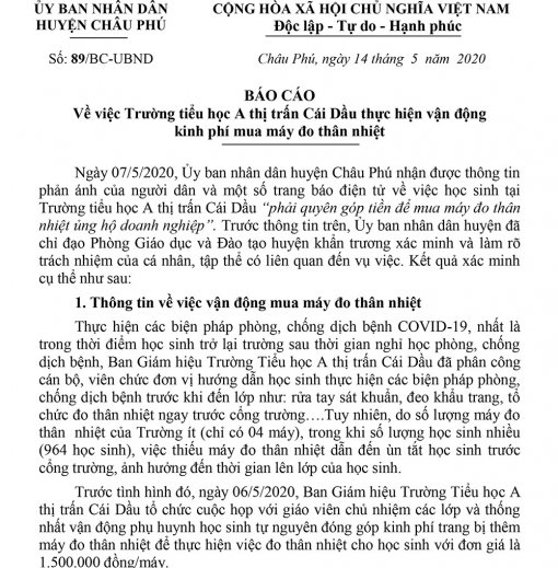 Chấn chỉnh việc Trường Tiểu học “A” thị trấn Cái Dầu vận động phụ huynh học sinh đóng góp mua máy đo thân nhiệt cầm tay
