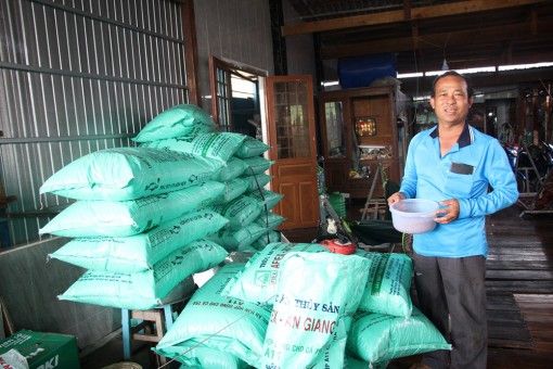 Một nông dân ở Chợ Mới dụ nuôi hàng ngàn cá tra sông tự nhiên trước bến sông nhà để ngắm
