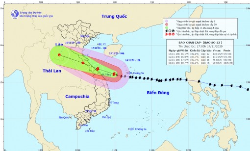 Bão số 13 sẽ đi vào đất liền các tỉnh, thành phố từ Hà Tĩnh đến Quảng Nam, suy yếu dần