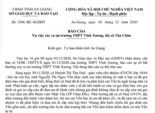 Liên quan vụ học sinh lớp 10 có biểu hiện tự tử: tạm đình chỉ công tác Hiệu trưởng và 1 Phó Hiệu trưởng Trường THPT Vĩnh Xương