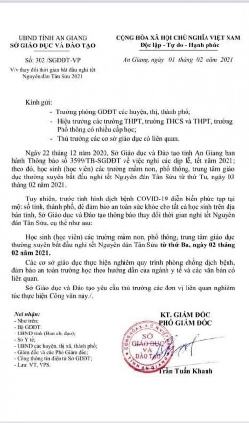 Ngày 2-2-2021, học sinh các trường mầm non, phổ thông, trung tâm giáo dục thường xuyên ở An Giang bắt đầu nghỉ Tết Nguyên đán Tân Sửu 2021