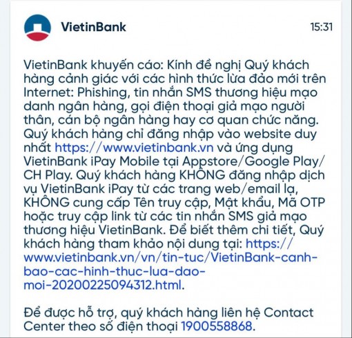 Nhiều ngân hàng cảnh báo tin nhắn giả mạo lừa đảo