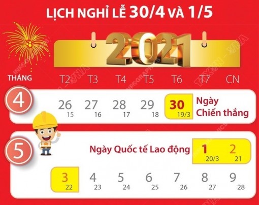 Chi tiết lịch nghỉ dịp lễ 30-4 và mùng 1-5 tới