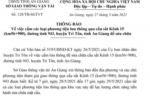 Cấm xe qua cầu sắt kênh 15 trong 2 ngày 28 và 29-5-2021