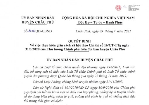 Huyện Châu Phú thực hiện hiện giãn cách xã hội theo Chỉ thị số 16 tại một số khu vực trên địa bàn huyện