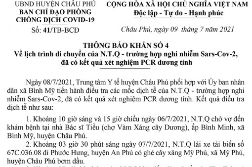 Lịch trình di chuyển của trường hợp có kết quả xét nghiệm PCR dương tính với SARS-CoV-2 tại huyện Châu Phú