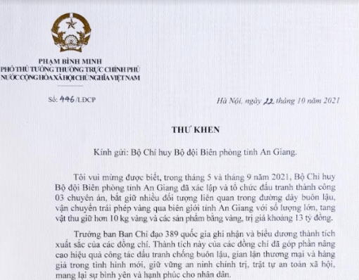 Trưởng Ban Chỉ đạo 389 quốc gia gửi Thư khen Bộ đội Biên phòng An Giang