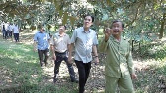 Bí thư Huyện ủy Chợ Mới Nguyễn Hồng Đức tham quan vườn sầu riêng tại xã Long Kiến