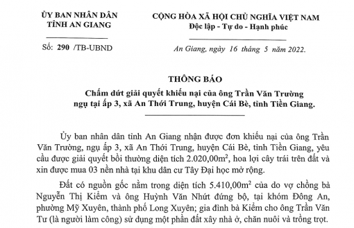 Chấm dứt giải quyết khiếu nại đối với 3 hộ dân