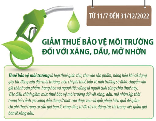 Từ 11/7 đến 31/12/2022: Giảm thuế bảo vệ môi trường đối với xăng, dầu, mỡ nhờn