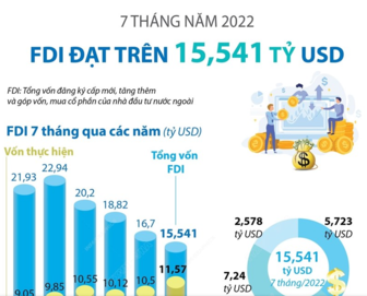 7 tháng năm 2022, FDI đạt trên 15,541 tỷ USD
