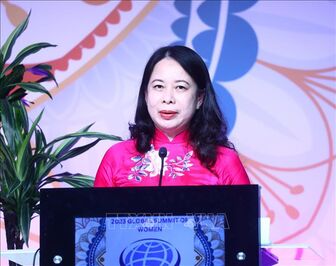Phó Chủ tịch nước Võ Thị Ánh Xuân phát biểu tại phiên khai mạc Hội nghị Thượng đỉnh Phụ nữ toàn cầu 2023