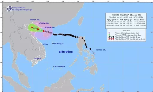 Bão số 3 cách Quảng Ninh-Thái Bình khoảng 150 km về phía Đông Đông Nam