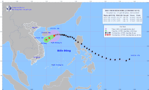 Bão số 9 cách Hoàng Sa khoảng 220km về phía Bắc, tiếp tục giảm cấp