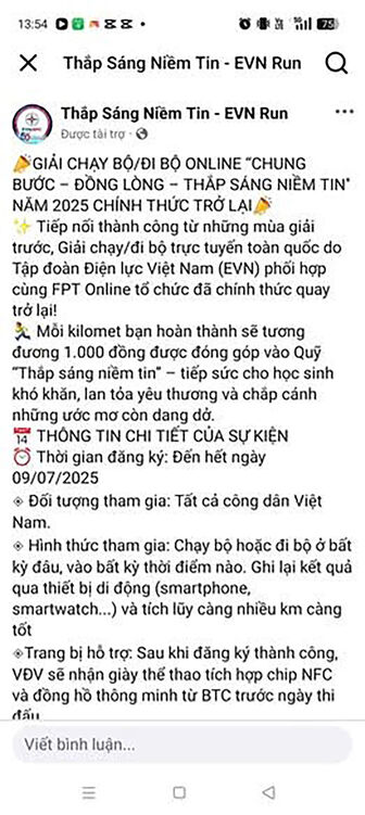 Cảnh báo Fanpage "EVN Run - Thắp Sáng Niềm Tin" giả mạo thương hiệu EVN và logo EVNSPC, EVNPECC4